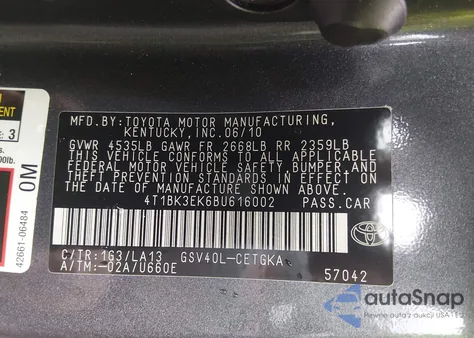 2011 Toyota Camry Xle V6 из США, поврежденный, VIN 4T1BK3EK6BU616002